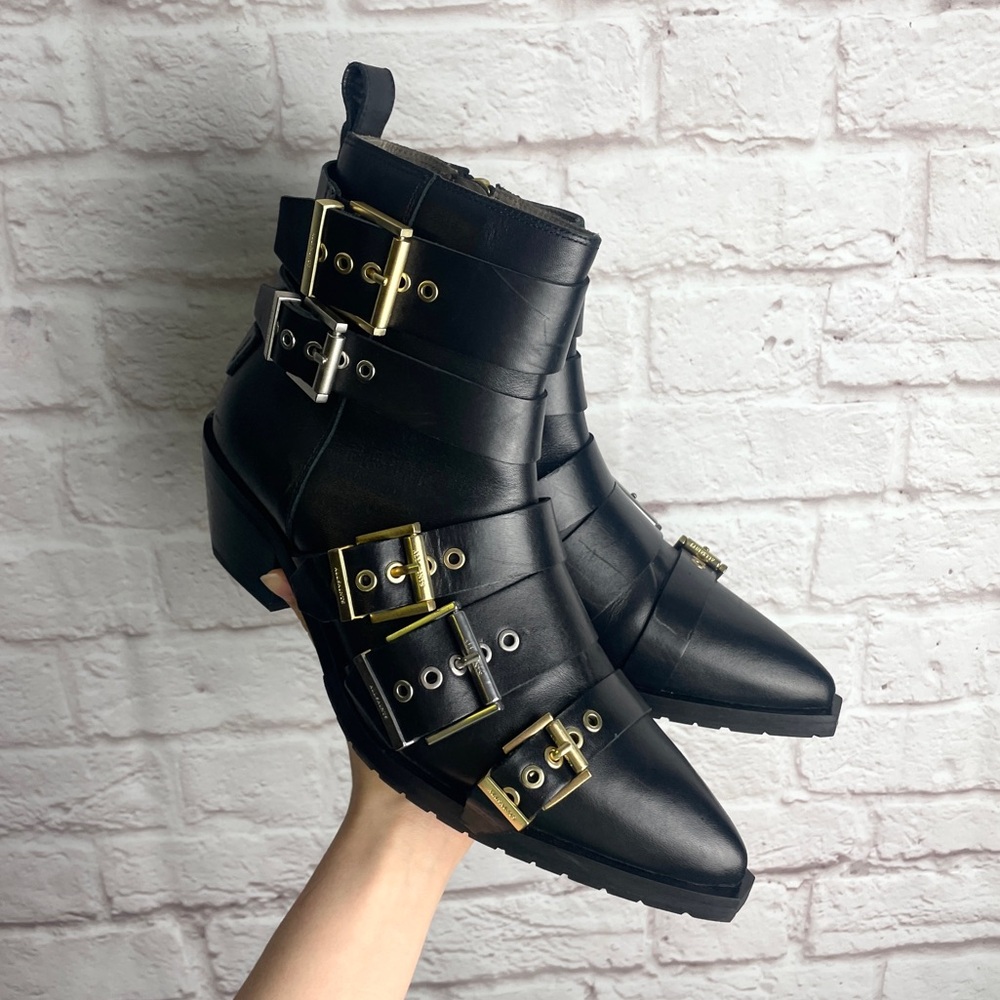All Saints Mixed Metal Hardware Buckle Motto Black Leather Boots Size 11 New!